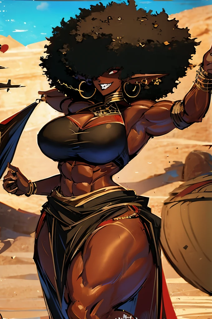 (masterpiece, best quality:1.2),1 girl, voluptuous body, full body, masterpiece, dominant pose, good anatomy, no extra limbs, big ass, thick thighs, black hair, voluminous afro, pointy ears, gold earrings, black top with red details, black skirt with red details, gold necklaces hair covering eyes no eyes