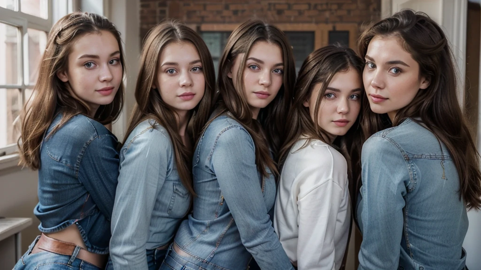 (5 russian girls in jeans:1.4), looking at camera, looking back over shoulder, 30 years old, tall girls, realistic faces, gorgeous, models, smiling, long messy hair, different faces, ((detailed eyes)), detailed faces