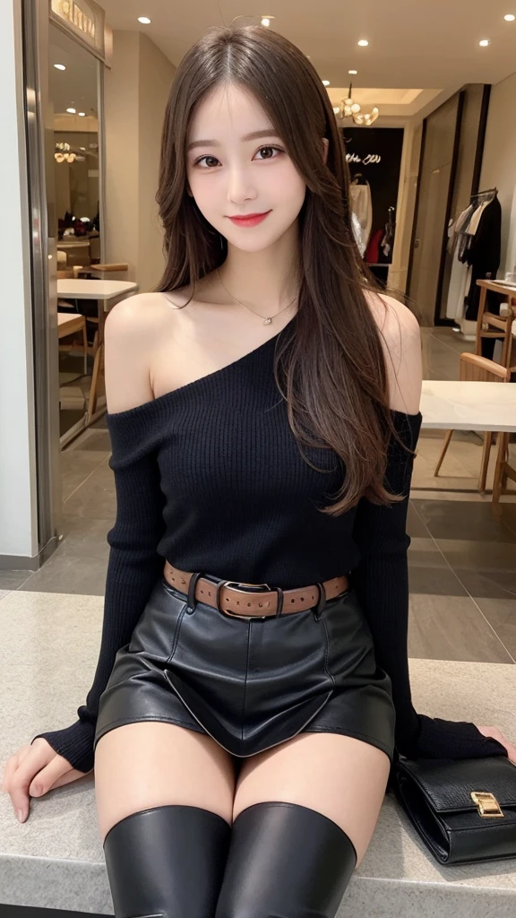 In detail, High resolution, high quality、Beautiful fine details, long hair, Natural color lip、1 person、Clear Skin、Shiny Hair、Tabletop, 最high quality, Super detailed, In detail, High resolution, 8k、Beautiful feet,Perfect beautiful face,KPOP idol faces,Ecstatic face、Cute face,thigh boots、leather skirt、Off-the-shoulder sweater、smile、Shopping mall、Dressing room、bag、belt、mini skirt、