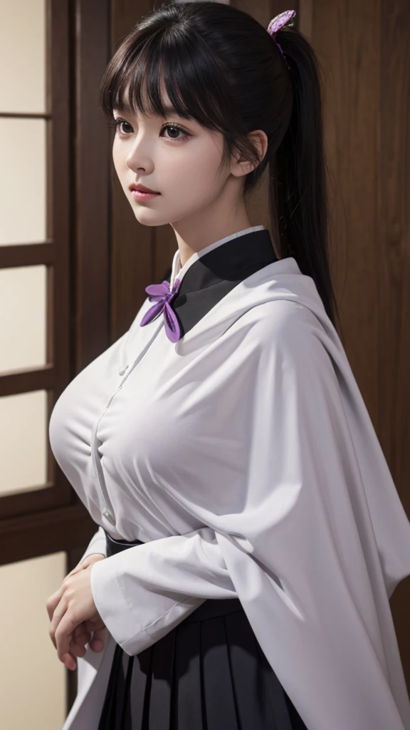 Top quality, 8k, 32k, Masterpiece, photorealistic, realistic, (photorealistic:1,4), solo, slight smile, dramatic lighting, professional makeup, breasts, (natural big breasts: 1.3), (seductive), beautiful white face shining, beautiful face, pink cheeks, beautiful lips, porcelain skin, detail intricate, super detailed, super high, highest detailed, high detailed, delicate, incredible detailed, fine detailed, cinematic lighting, top quality, smooth and beautiful, CG, unity, 8k wallpaper, Stunning, fine detail, unity CG wallpaper 8k ultra-detailed, large file size, ultra-detailed, high resolution, incredible detail, stunning detail, depth of field, kanaotsuyuri, kanao tsuyuri, black hair, butterfly, butterfly hair ornament, (purple eyes:1.1), side ponytail, ponytail,
BREAK black skirt, cape, demon slayer uniform, long sleeves, pleated skirt, skirt, white cape,
BREAK looking at viewer, directly