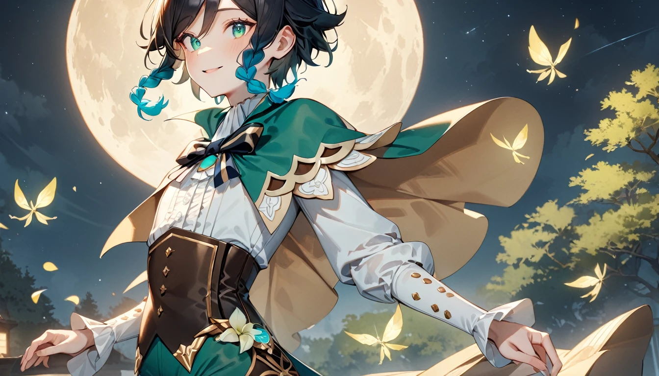 (best quality,4k,8k,highres,masterpiece:1.2),1boy,venti genshin impact,male focus,((flat chest)),ultra-detailed,realistic,(dsmile:0.5),night of spring,night time,rich color palette,elegant curves,effects of light and shadow,ethereal atmosphere,soft moonlight filtering through trees,transcendent beauty,awe-inspiring artwork,green eyes,mysterious smile,green cape,white shirt,brown corset,green shorts,white tights,cinematic lighting,award winning, super detail,genshin landscape, moon, night time, stars, crystalflies, flowers, giant oak tree with twisting trunk, magical, fantasy, mythical,vibrant, sharp focus, good composition, vivid, bright colors, high contrast,small creek reflecting starry sky,