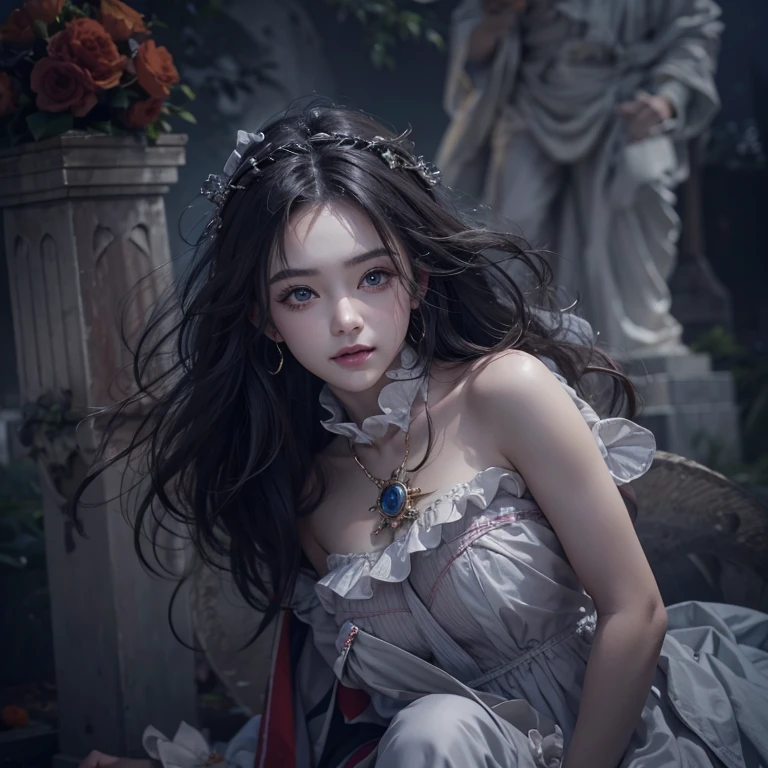 Standing in the grave、Hair flow、 ((highest quality、masterpiece、8k、Best image quality、Ultra-high resolution、Award-winning works)、(Accurate anatomy:1.1)、(Look at me and smile:1.1)、Shining fair skin with Ultra-high resolution、The most detailed face、Ultra-high resolution detailed face、Ultra-high resolutionの髪の毛、(Ultra-high resolution eye:1.1)、Beautiful face drawn in every detail、Cheerful clown costume, Chest to chest,  Strange atmosphere, Ghosts flow, Dark Light, At the cemetery, Heavy makeup 