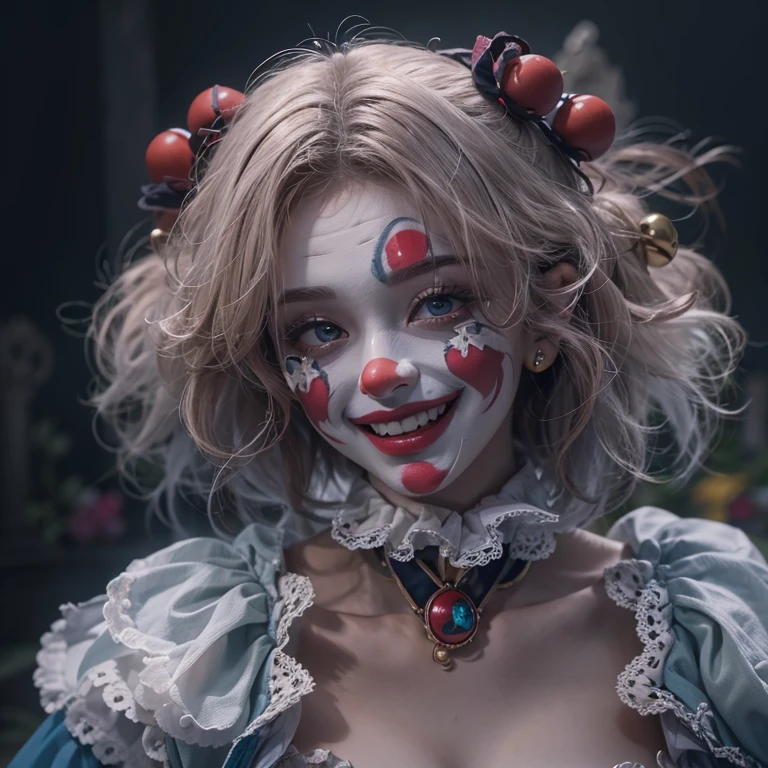 Standing in the grave、Hair flow、 ((highest quality、masterpiece、8k、Best image quality、Ultra-high resolution、Award-winning works)、(Accurate anatomy:1.1)、(Look at me and smile:1.1)、Shining fair skin with Ultra-high resolution、The most detailed face、Ultra-high resolution detailed face、Ultra-high resolutionの髪の毛、(Ultra-high resolution eye:1.1)、Beautiful face drawn in every detail、Cheerful clown costume, Chest to chest, Strange atmosphere, Ghosts flow, Dark Light, At the cemetery, Heavy makeup