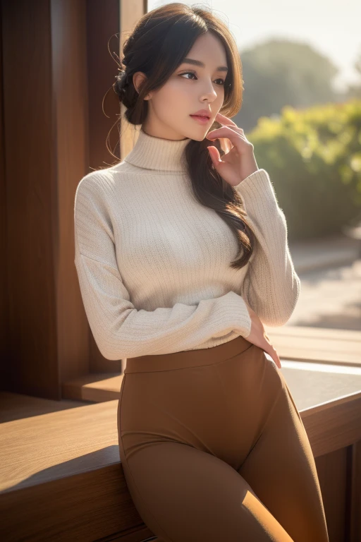 A detailed portrait of a beautiful young girl, wearing a tight-fitting, revealing sweater that accentuates her figure, posing full-body in a serene natural setting, (best quality,4k,8k,highres,masterpiece:1.2),ultra-detailed,(realistic,photorealistic,photo-realistic:1.37),intricate details, highly detailed face, detailed clothing texture, natural lighting, cinematic composition, warm color tones, elegant, graceful, alluring