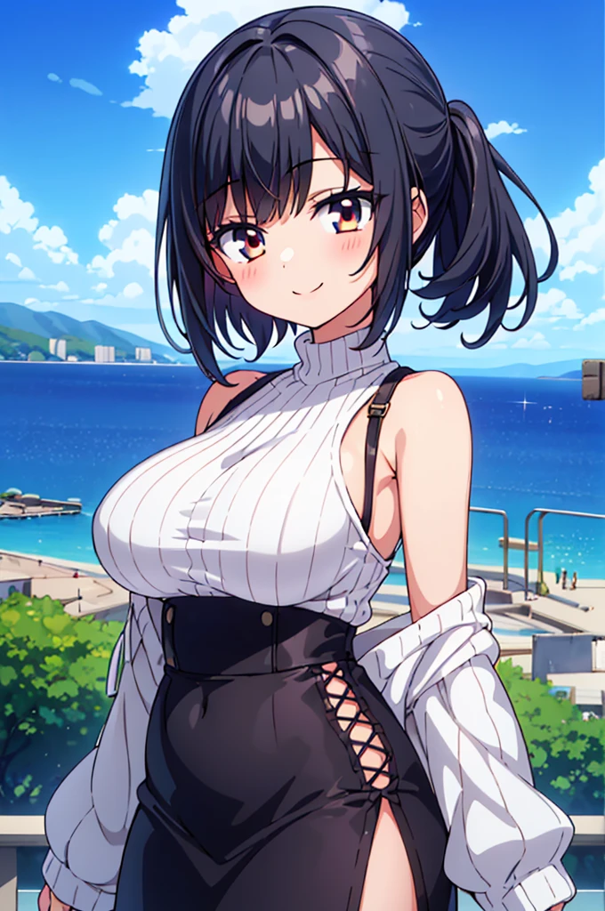 ((Masterpiece)),((high resolution)),((Best Quality)),Anime illustration,((1girl)),,(Black Hair),short hair,Short ponytail,Large, round scarlet eyes,Droopy eyes,smile,,(Young),baby face and big breasts,large breasts,(low length),(Short),white shoulder sweater,Slit Skirt,Long skirt,Ladylike,Elegant,blue sky,