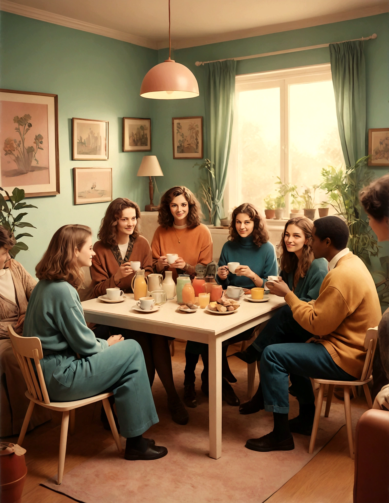 a 90s style illustration of a group of people having a gathering at home, with faded colors and a nostalgic design. polaroid photo style