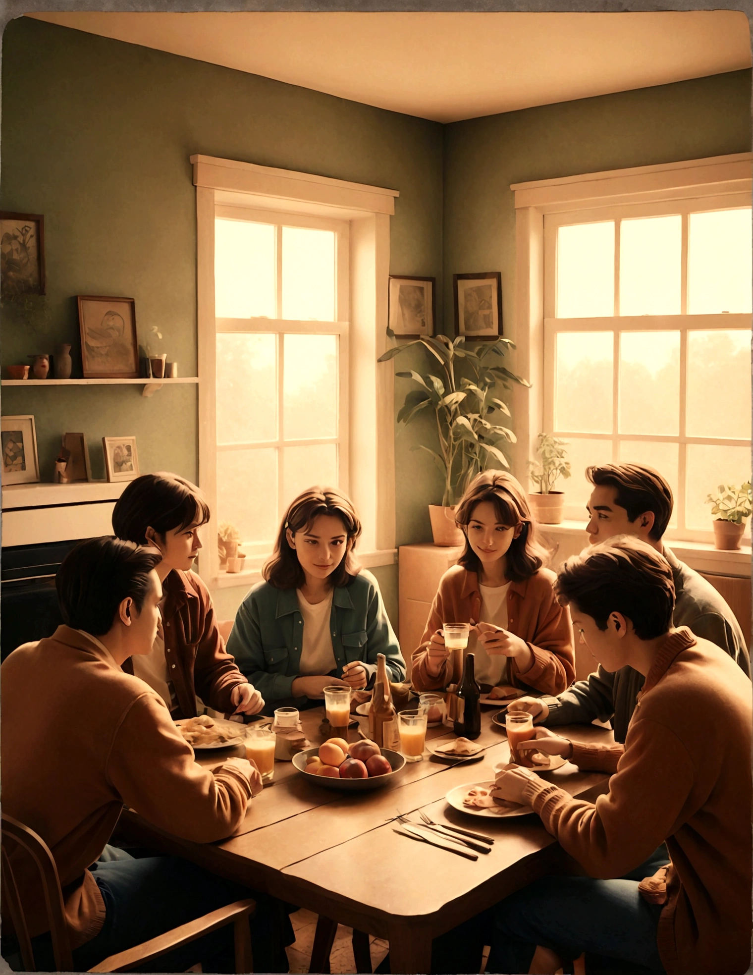 a 90s style illustration of a group of people having a gathering at home, with faded colors and a nostalgic design. polaroid photo style