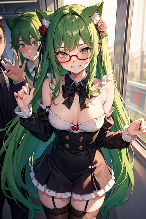 18 yeas old, girl, green hair, long hair, slim, big tits, narrow red eyes, cute, cat ears, glasses,
(embarrassed, blush:1.4), (ecstasy:1), (think:1.8), (grin:1.5), (sweat:0.9), sailor uniform, See-through, ribbon, fishnet, garter belt, frills, Kneesocks, high heels, rose, headdress, frontal, standing, crowded train, centet of attention, inside the train, how many men