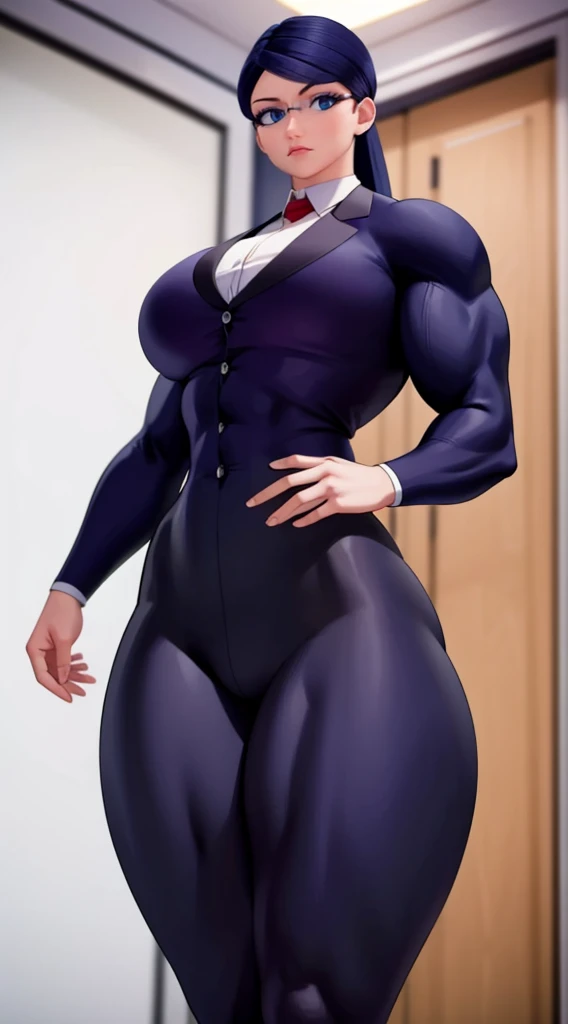 a muscular female bodybuilder in office suit, detailed face, beautiful detailed eyes, beautiful detailed lips, extremely detailed face and muscles, long eyelashes, strong muscles bulging through suit, dynamic pose, professional studio lighting, hyperrealistic, 8k, high quality, photorealistic, physically-based rendering, concept art, dramatic color palette,(abs)