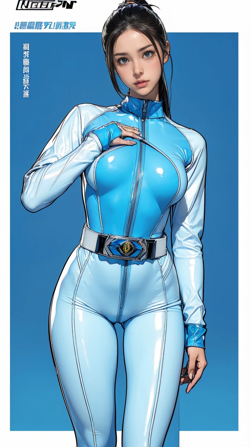 ((masterpiece)),(((highest quality))),((Reference Sheet, Character Design, front, return, ~ ~ side, Mr..々Hairstyle, Mr..々Performance, Facial Expressions)), -yeld gi Cute type, (Very slim:1.4), (Very small ass:1.4), Realistic buttocks, Big Breasts, Short Bob, Thin thighs, Long legs, ((Light Blue Enamel Power Rangers、Big Breasts、Cover all breasts at all times、Wearing a light blue leather full body suit、Large emblem on the chest、Always wear a belt with a large buckle, White suit、Truly a Sentai hero)), ((Browsing Caution:1.0))
