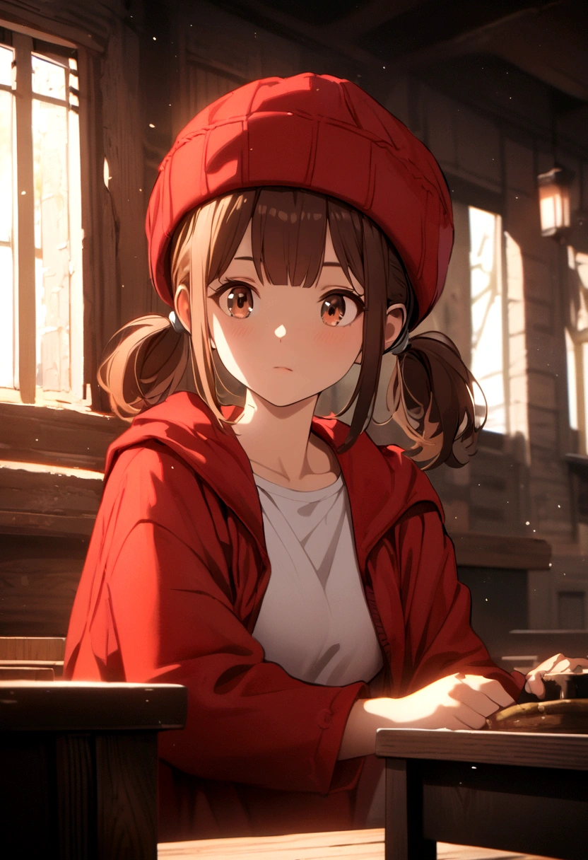 Girl with brown hair, short pigtails, bangs, red wool hat, brown eyes, red jumpsuit, white t-shirt inside