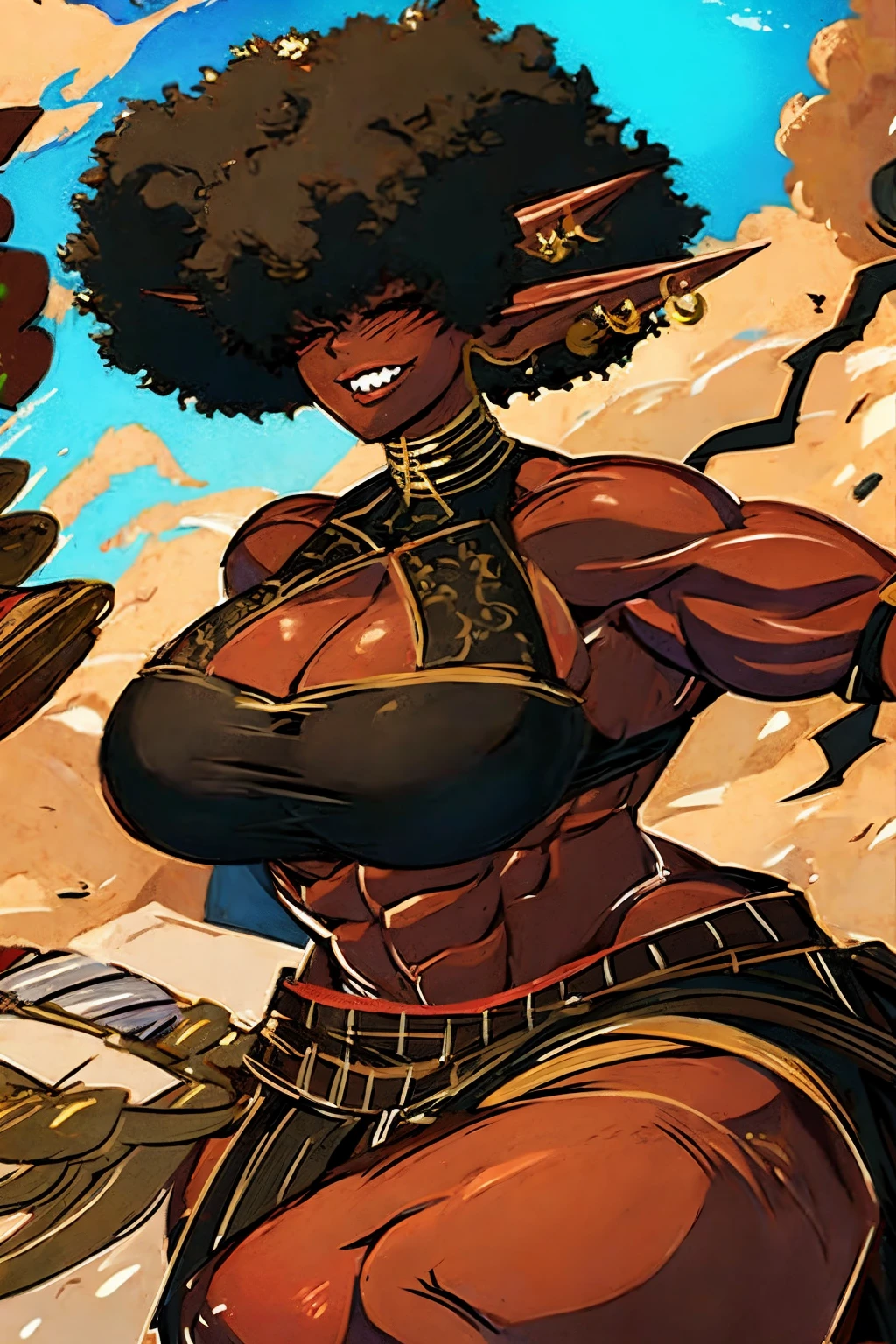 (masterpiece, best quality:1.2),1 girl, voluptuous body, full body, masterpiece, dominant pose, good anatomy, no extra limbs, big ass, thick thighs, black hair, voluminous afro, pointy ears, gold earrings, black top with red details, black skirt with red details, gold necklaces hair covering eyes no eyes wide hips