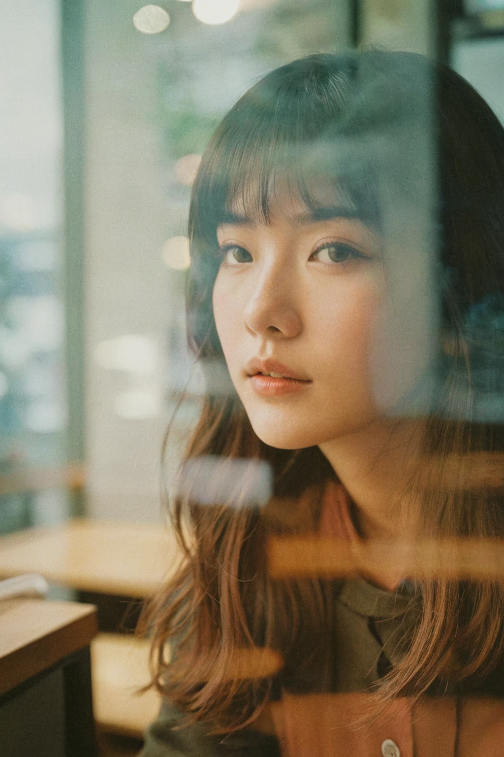 a double exposure photo of MagMix Girl, in muji cafe, analog film photo, Kodachrome.
