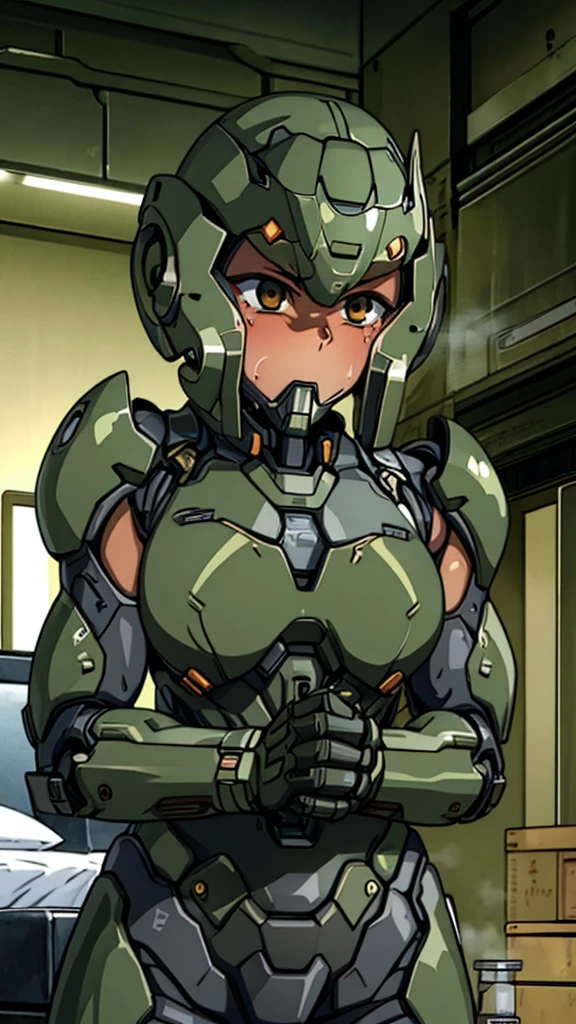 最high quality非常に詳細, Advanced Details, high quality, 最high quality, High resolution, 1080p, hard disk, beautiful,(War Machine),(Snug-fitting headgear),See the big picture,beautifulサイボーグ女性,Dark Green Mecha Cyborg Girl,Battle Mode,Mecha Body Girl 8k dark green body armor Elementary school girl Sweaty face Droopy eyes short hair Gas mask with extension nozzle boyish Steam coming out of my head My hair is wet with sweat Black Hair, Steam coming out of the mouth Lie in bed with no exposed skin