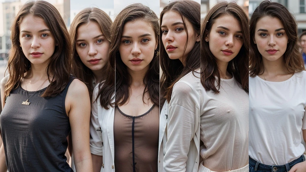 ((5 russian girls in modern clothes:1.4)), 28 years old, tall girls, realistic faces, gorgeous, models, seductive smiles, long messy hair, different faces, ((detailed eyes)), detailed faces, ((distant photo)), rear photo