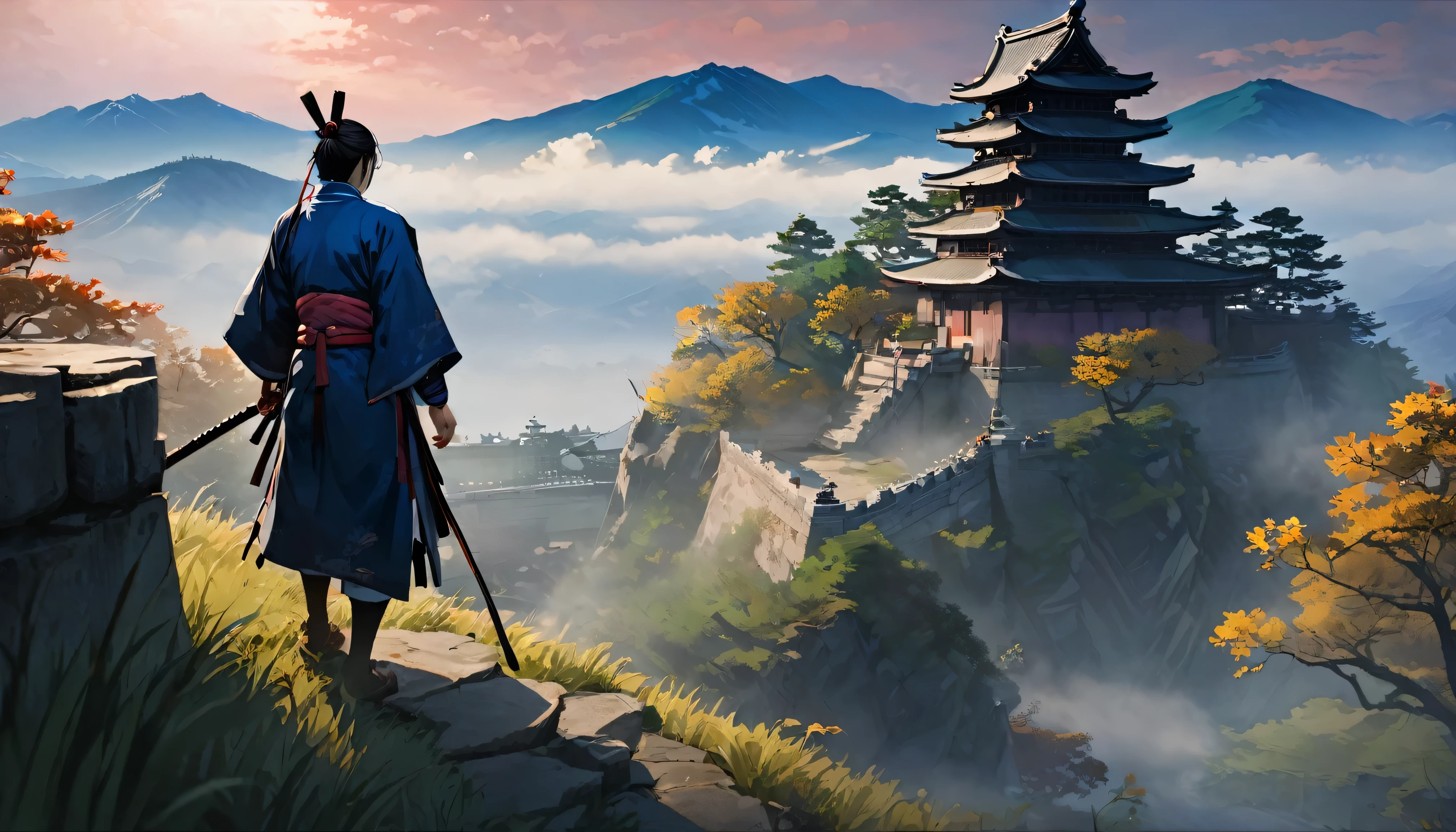 masterpiece, highest quality, (Highly detailed CG unit 8k wallpaper) (highest quality), (Best illustrations), (Best Shadow) (male), Sekiro on the Cliff, View of Ashina Castle, Feudal Japan, Ray Tracing, Ominous environment, Super detailed, , Impressionist style