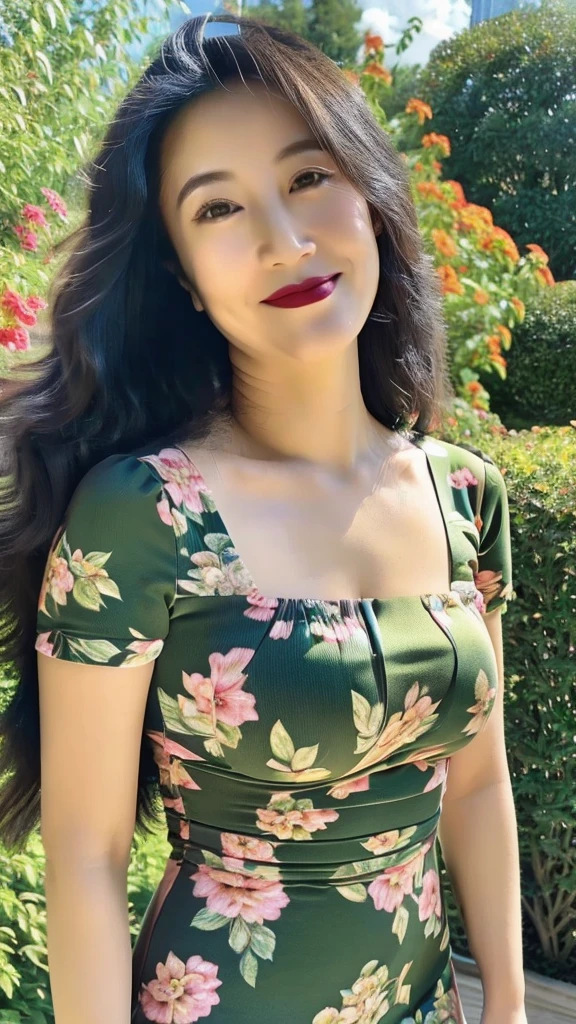 Drawing lips correctly, Red lipstick, From the chest up, best quality, Super detailed, lifelike, Super delicate skin, Perfect anatomical structure, (1 日本Mature的女人), (Solitary),Wear floral green round neck dress,Short sleeve,Long wavy hair,37 years old,woman,Mature,Charming smile,Garden Background,Standing,big breasts slightly fat,Medium bust,full-body shot。