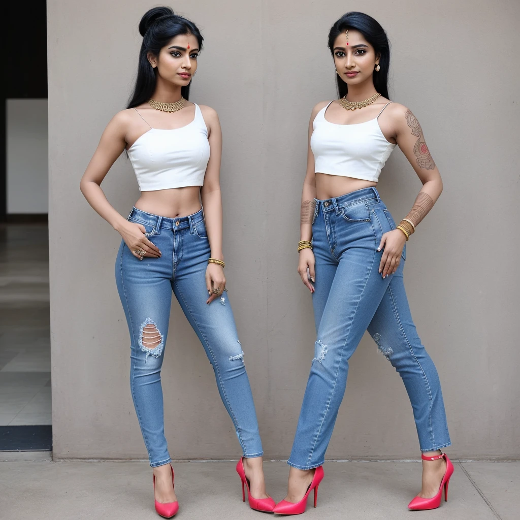 Indian genderfluid couple wearing crop top and high waist jeans with high heels 