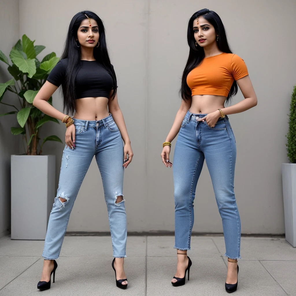Indian genderfluid couple wearing crop top and high waist jeans with high heels