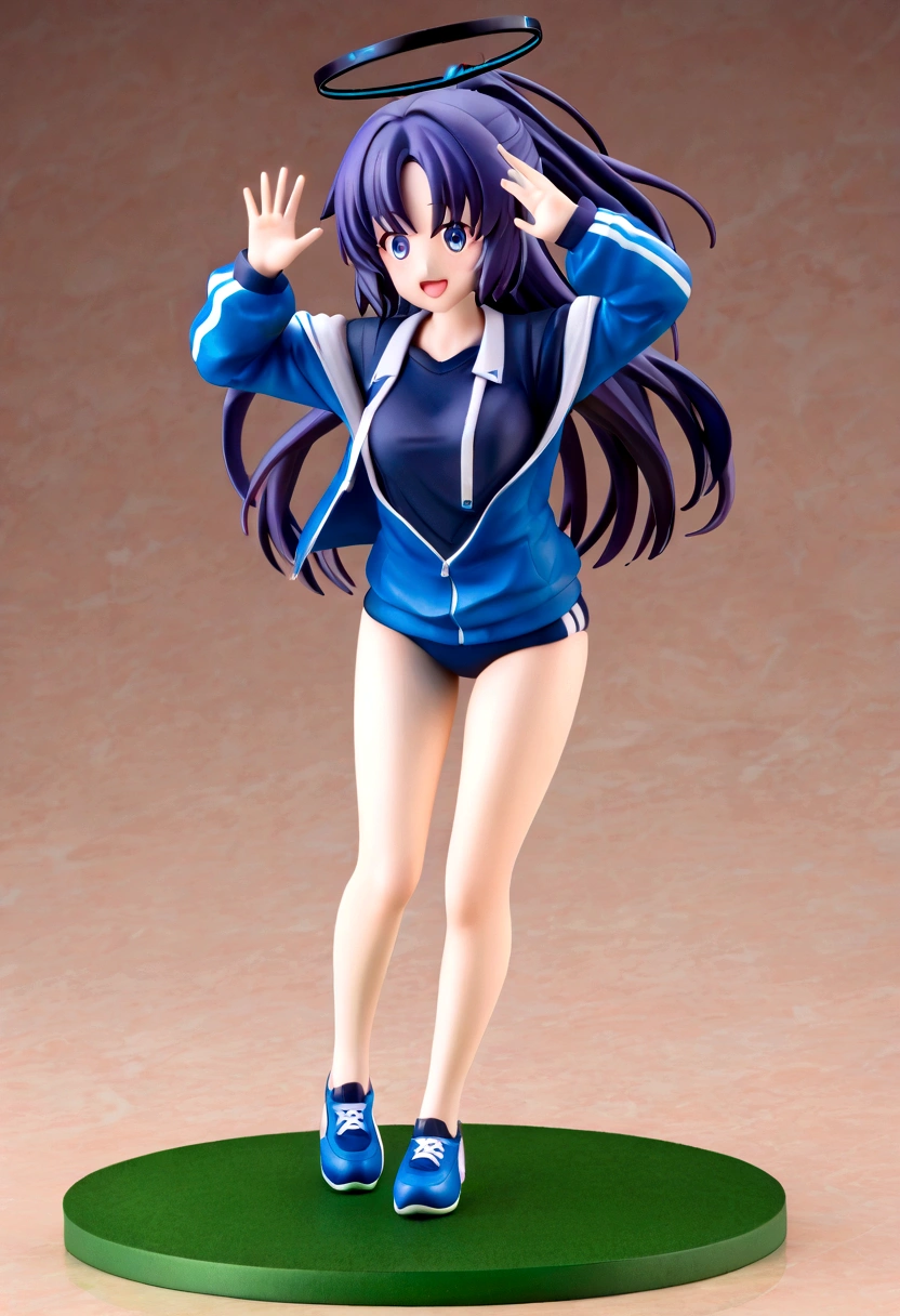 front view, hayase yuuka, open mouth, smile, Sharp eyes, ponytail, halo, gym uniform, open jacket, Volumetric light, Volumetric particles, Elegant standing pose.