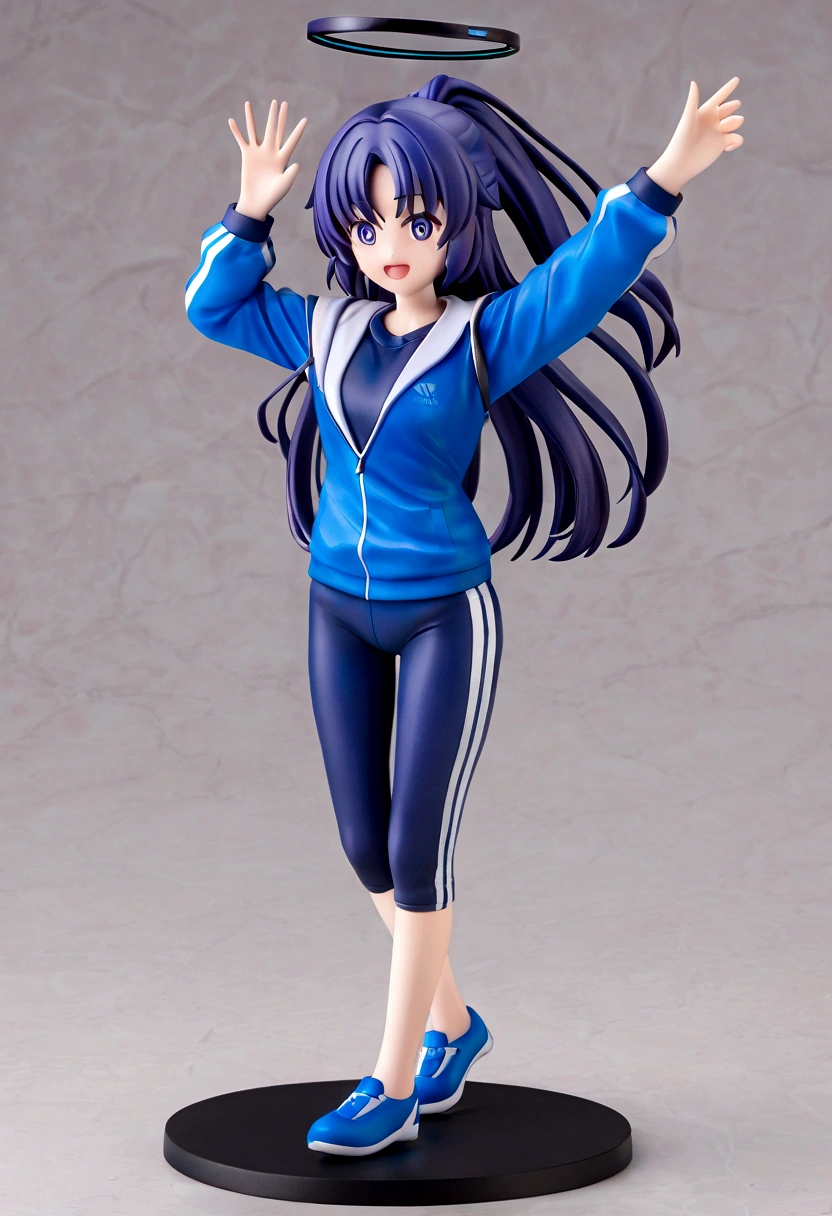 front view, hayase yuuka, open mouth, smile, Sharp eyes, ponytail, halo, gym uniform, open jacket, Volumetric light, Volumetric particles, Elegant standing pose.