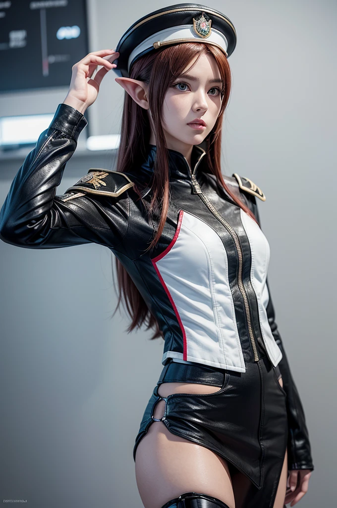 Create a highly detailed 3D rendering of a character named Ulc from SEGA's PSO2. The character is an elf-like female with pointed ears and long, straight, dark red hair. She wears a futuristic, military-style uniform with gray and white colors. (small military garisson cap), The uniform includes a fitted jacket with intricate white designs, shoulder epaulets, and a skirt. She has a serious expression and is depicted with one hand near her ear as if she is communicating through a device.  (shiny skin)