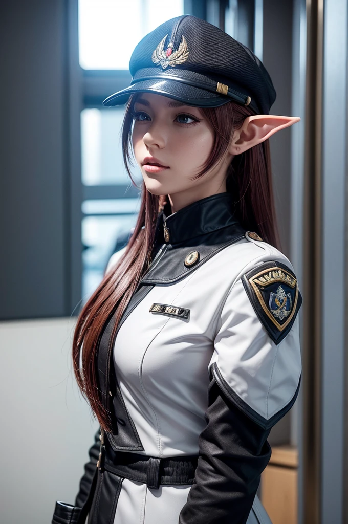 Create a highly detailed 3D rendering of a character named Ulc from SEGA's PSO2. The character is an elf-like female with pointed ears and long, straight, dark red hair. She wears a futuristic, military-style uniform with gray and white colors. (small military garisson cap), The uniform includes a fitted jacket with intricate white designs, shoulder epaulets, and a skirt. She has a serious expression and is depicted with one hand near her ear as if she is communicating through a device. (shiny skin)