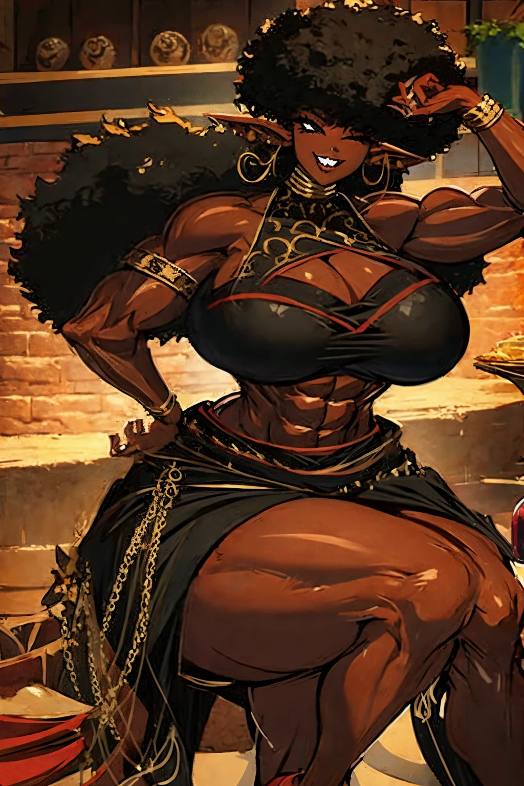 (masterpiece, best quality:1.2),1 girl, voluptuous body, full body, masterpiece, dominant pose, good anatomy, no extra limbs, big ass, thick thighs, black hair, voluminous afro, pointy ears, gold earrings, black top with red details, black skirt with red details, gold necklaces hair covering eyes no eyes