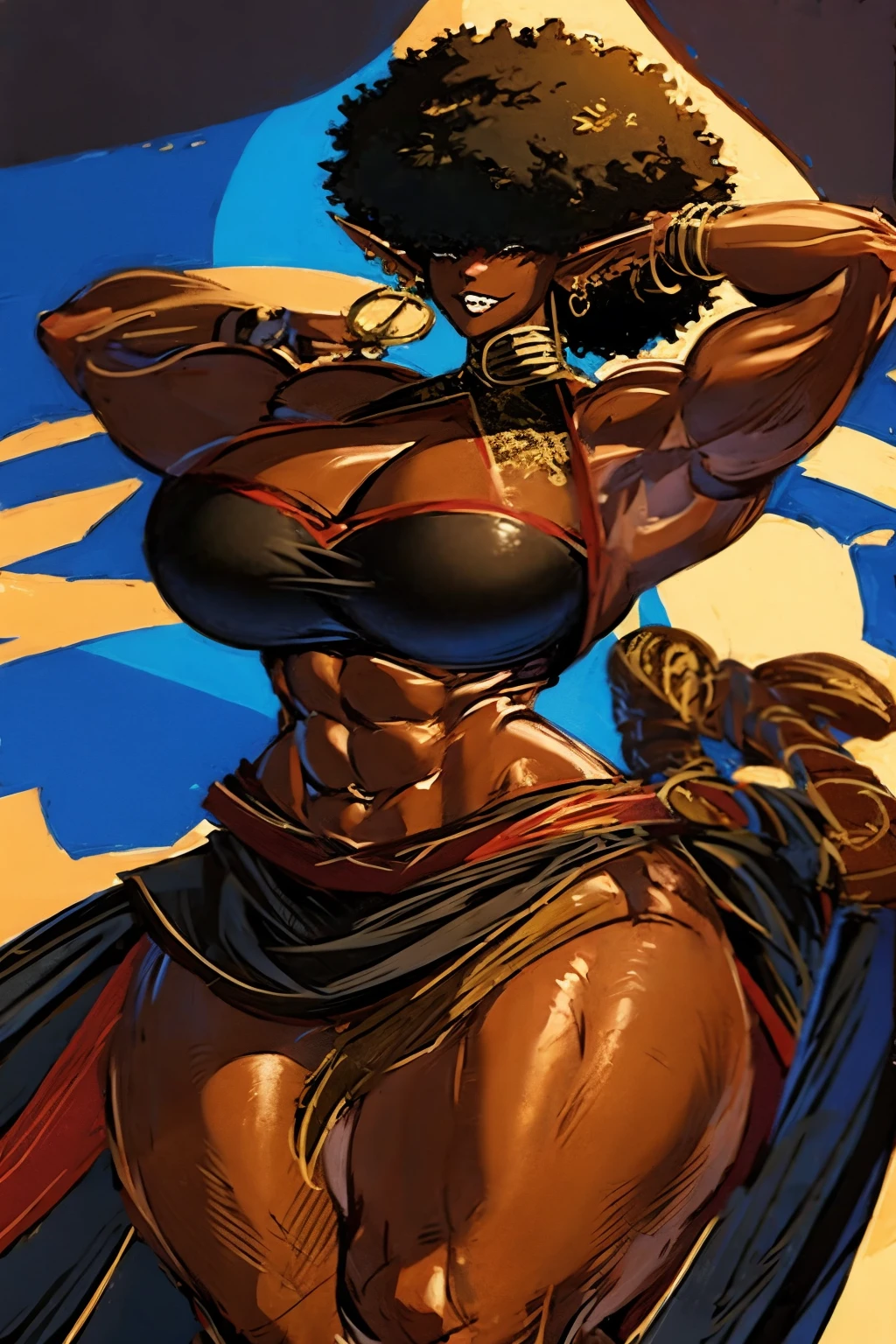 (masterpiece, best quality:1.2),1 girl, voluptuous body, full body, masterpiece, dominant pose, good anatomy, no extra limbs, big ass, thick thighs, black hair, voluminous afro, pointy ears, gold earrings, black top with red details, black skirt with red details, gold necklaces hair covering eyes no eyes