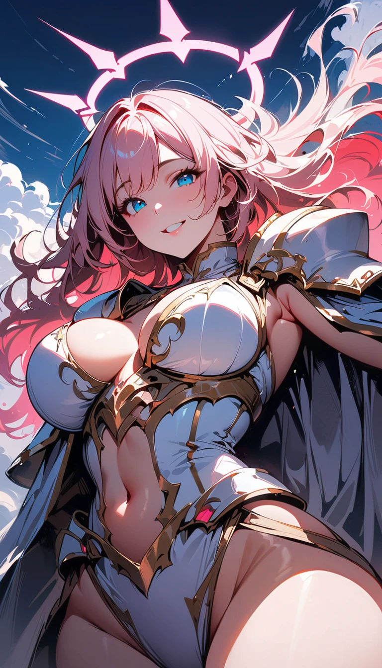 (high quality, 8k, 4K, high contrast, artwork:1.2, high quality, best aesthetics), (centralized), ((1 woman)), erotic, sensual, mature body, super detailed, beautiful face detailed, beautiful eyes detailed, detailed beautiful mouth, sexy body, perfect breats, perfect wide thighs, light pink hair, long light pink hair, wavy light pink hair, blue eyes, white medieval armor with sexy pink details, cleavage, shoulder pads, long white cape, exposed thighs, exposed belly, pink angel halo, smiling, calm facial expression, standing erect, looking at the viewer, centered, above the clouds, clear sky.