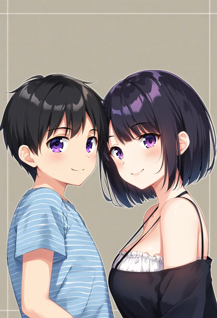 Masterpiece, best quality, ultra high quality, highres, wallpaper 8k, One child is , solo, purple_eyes, short_hair, black_hair, One adult male aged 30 years, black hair, Two men and women standing,