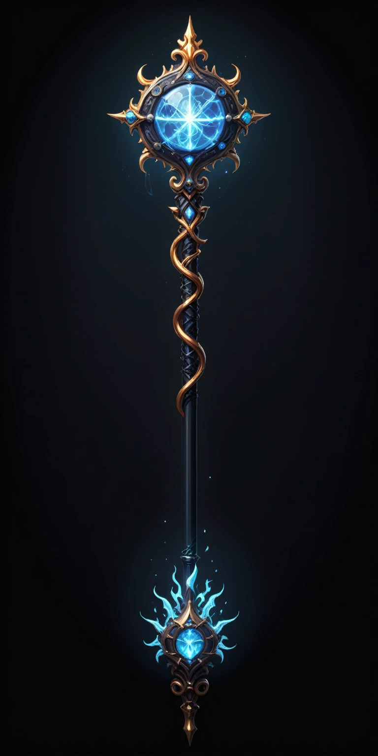 pixel art, cartoon illustration, Divine glavie greatstaff, Powerfull Magical theme, simple black background, RPG game icon