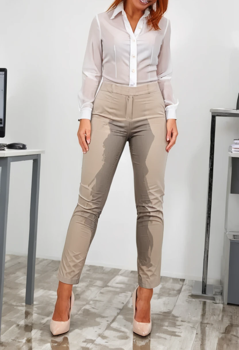 attractive redhead woman wearing brown dress pants, high heel pumps, white blouse, standing in an office, wetting, big smile, pee stains are gleaming wet, pants really soaked with pee