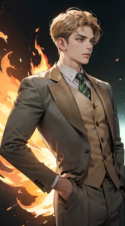 masterpiece, best quality, realistic, 1man, mature male, quiet and charming young man, 36 years old, close his eyes, serious look, extremely detailed face, ((dark grey green eyes)), ((short-right-swept dark golden fire hair)), [thick eyebrows], detective, plain background, ((suit)), cinematic lighting, looking at the audience, posture dynamics