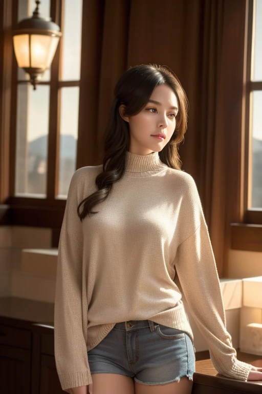 A detailed portrait of a beautiful young girl, wearing a tight-fitting, revealing sweater that accentuates her figure, posing full-body in a serene natural setting, (best quality,4k,8k,highres,masterpiece:1.2),ultra-detailed,(realistic,photorealistic,photo-realistic:1.37),intricate details, highly detailed face, detailed clothing texture, natural lighting, cinematic composition, warm color tones, elegant, graceful, alluring