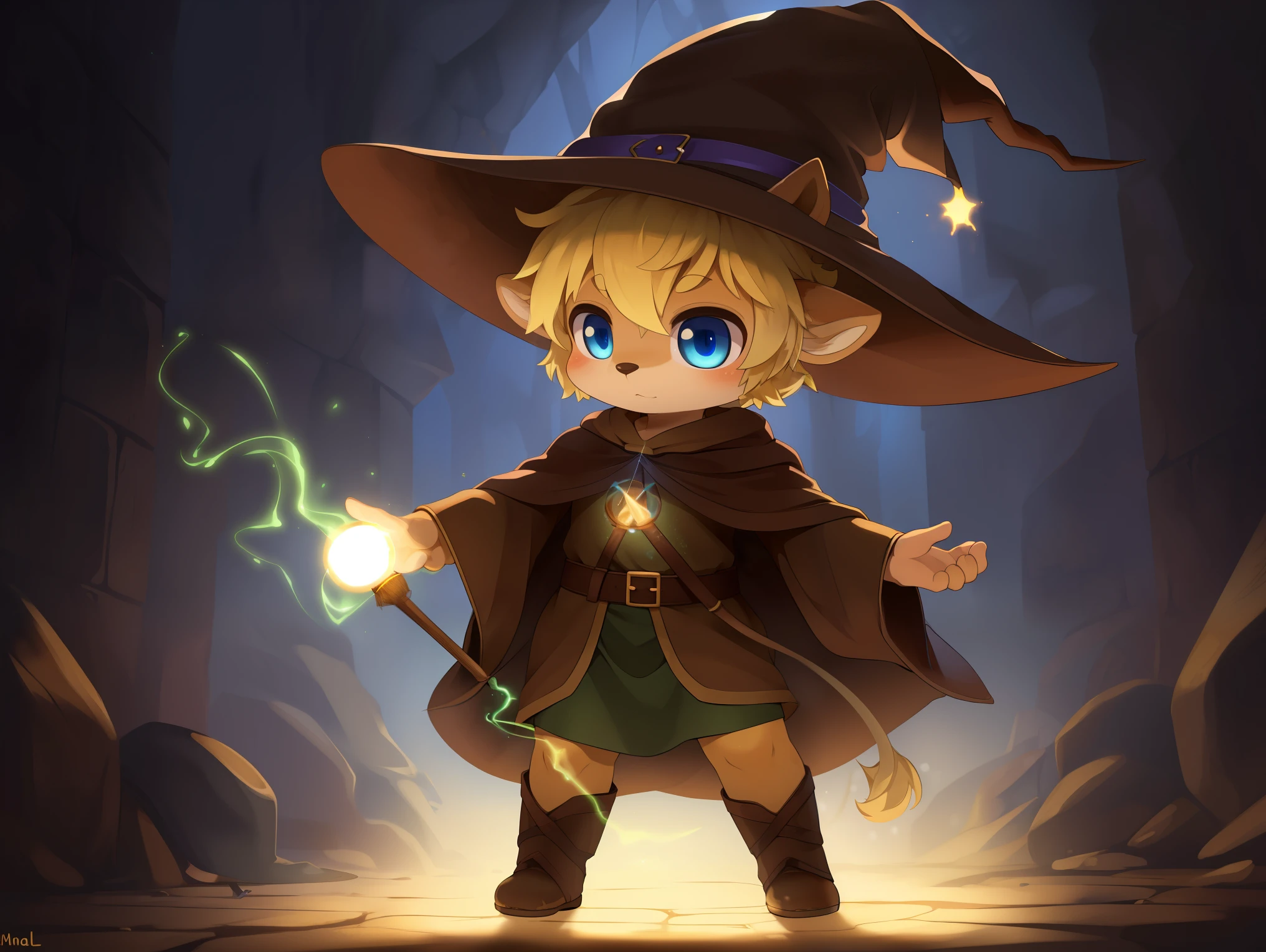 deer, solo, young, cub, chibi, (blue eyes), ((large witch hat)), ((brown hat)), ((brown cloak)), (long green tunic), (blonde hair), (short hair), short deer tail. ((light brown body)), (short brown antlers), short snout, ((((casting magic)))), magic, epic pose. dark dungeon background. Very good figure, best quality, highres, 16k, Natural soft light, Tyndall effect, Advanced film lighting, Unreal Engine5, Extremely realistic, A high resolution, perfect masterpiece, high quality, high resolution