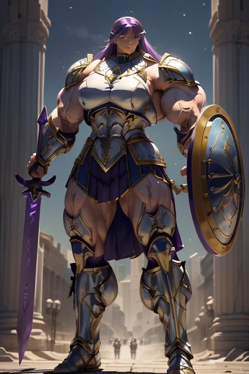 (((Massive, tall, beautiful, buff, muscular pale white skinned female spartan with violet purple hair, ginormous bulky muscles, holding a sword and shield and wearing an all violet gleaming spartan armor and pleated skirt))), (close view), black eyeliner, massive muscles, massive biceps, hyper muscle triceps, (long hair with long bangs), black eyes, spartan boots, In a startan city, steel spartan armor, armor breastplate, nighttime, confident smile, hyper muscles arms, hyper muscle legs, (ginormous arms)