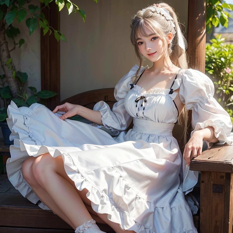 Medieval Europe、 Windy weather, ((highest quality、masterpiece、8k、Best image quality、Ultra-high resolution、Award-winning works)、(Accurate anatomy:1.1)、(Look at me and smile:1.1)、Shining fair skin with Ultra-high resolution、The most detailed face、Ultra-high resolution detailed face、short, Flowing white hair 、Beautiful face drawn in every detail,British maid, Frills付きメイドヘッドバンド, ponytail, Braided hair, Frillsブラウス, Ribbon tie, apron, Long skirt, Puff sleeves, White silk ankle socks,Frills, Modest chest , A real cat next to a girl