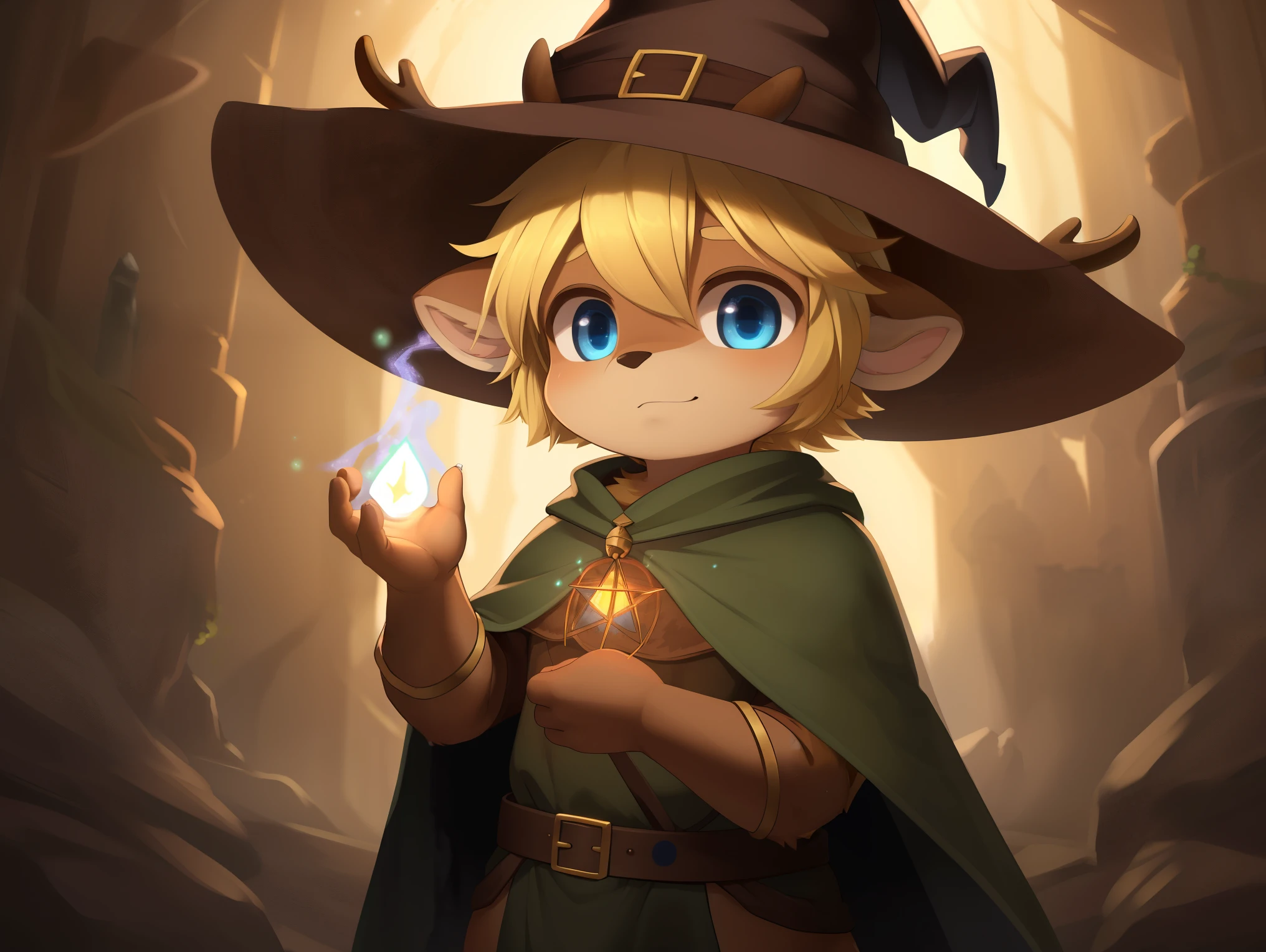 deer, solo, young, cub, chibi, (blue eyes), ((large witch hat)), ((brown hat)), ((brown cloak)), (long green tunic), (blonde hair), (short hair), short deer tail. ((light brown body)), (short brown antlers), short snout, ((((casting magic)))), magic, epic pose. dark dungeon background. Very good figure, best quality, highres, 16k, Natural soft light, Tyndall effect, Advanced film lighting, Unreal Engine5, Extremely realistic, A high resolution, perfect masterpiece, high quality, high resolution