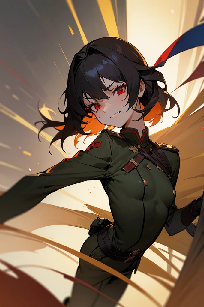 (masterpiece, best quality: 1.1), 1girl solo, tanya, 1girl, solo, , flat chest, small breasts, curvy, military, military uniform, ,, evil smile, wicked expression, anger, red eyes, neutral lighting
