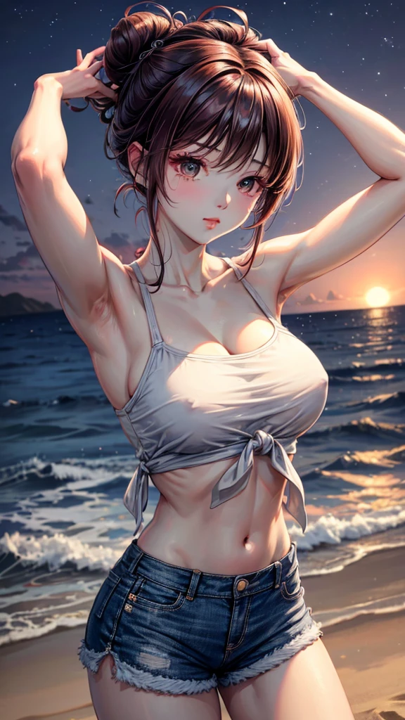 8k,ultra detailed,Korean descent, hair in a messy bun, her clothes are tied, her stomach is visible and her arms are short, then she is wearing Korean style shorts, on the beach at night