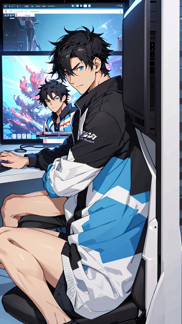 Best quality: 1.0), (Super High Resolution: 1.0), Anime boy, short black hair, blue eyes, sitting in front of computer playing games, background in esports room,