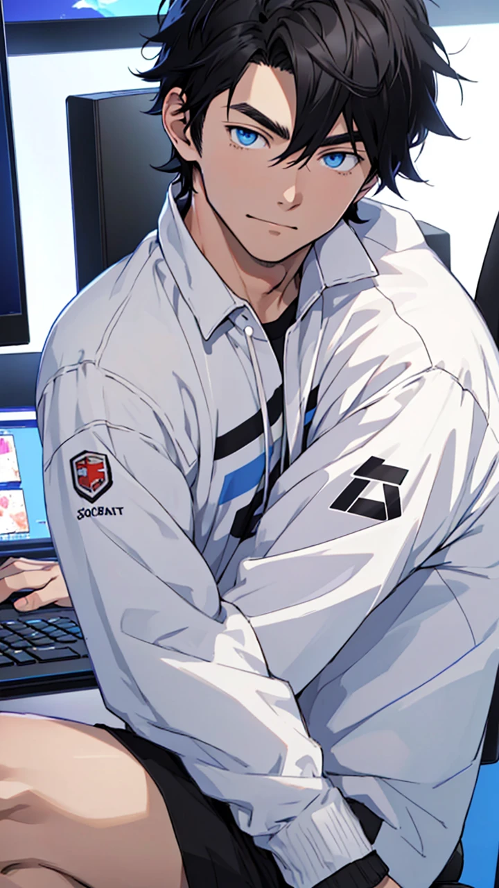 Best quality: 1.0), (Super High Resolution: 1.0), Anime boy, short black hair, blue eyes, sitting in front of computer playing games, background in esports room,