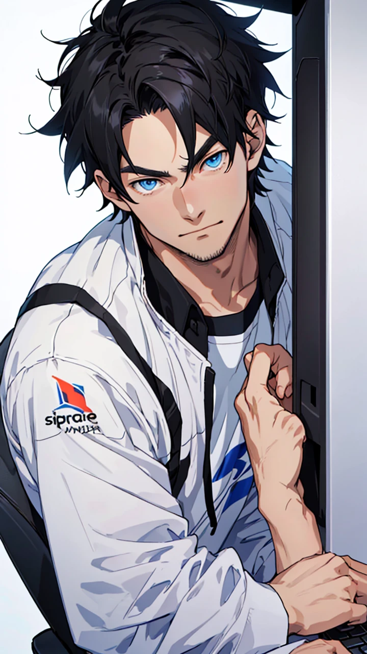 Best quality: 1.0), (Super High Resolution: 1.0), Anime boy, short black hair, blue eyes, sitting in front of computer playing games, background in esports room,