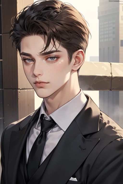 masterpiece, best quality, realistic, 1man, mature male, quiet and charming young man, 25 years old, close his eyes, serious, closed mouth, extremely detailed face, cold, ((dark grey eyes)), ((short-right-swept dark brown hair)), [thick eyebrows], (mafia), ((black suit)), accurate, detailed