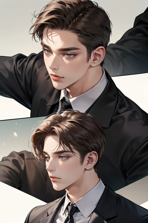 masterpiece, best quality, realistic, 1man, mature male, quiet and charming young man, 25 years old, close his eyes, serious, closed mouth, extremely detailed face, cold, ((dark grey eyes)), ((short-right-swept dark brown hair)), [thick eyebrows], (mafia), ((black suit)), accurate, detailed