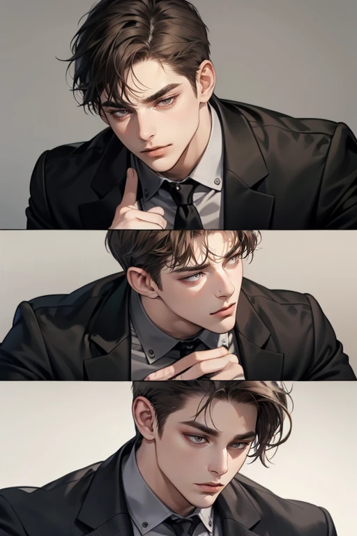 masterpiece, best quality, realistic, 1man, mature male, quiet and charming young man, 25 years old, close his eyes, serious, closed mouth, extremely detailed face, cold, ((dark grey eyes)), ((short-right-swept dark brown hair)), [thick eyebrows], (mafia), ((black suit)), accurate, detailed