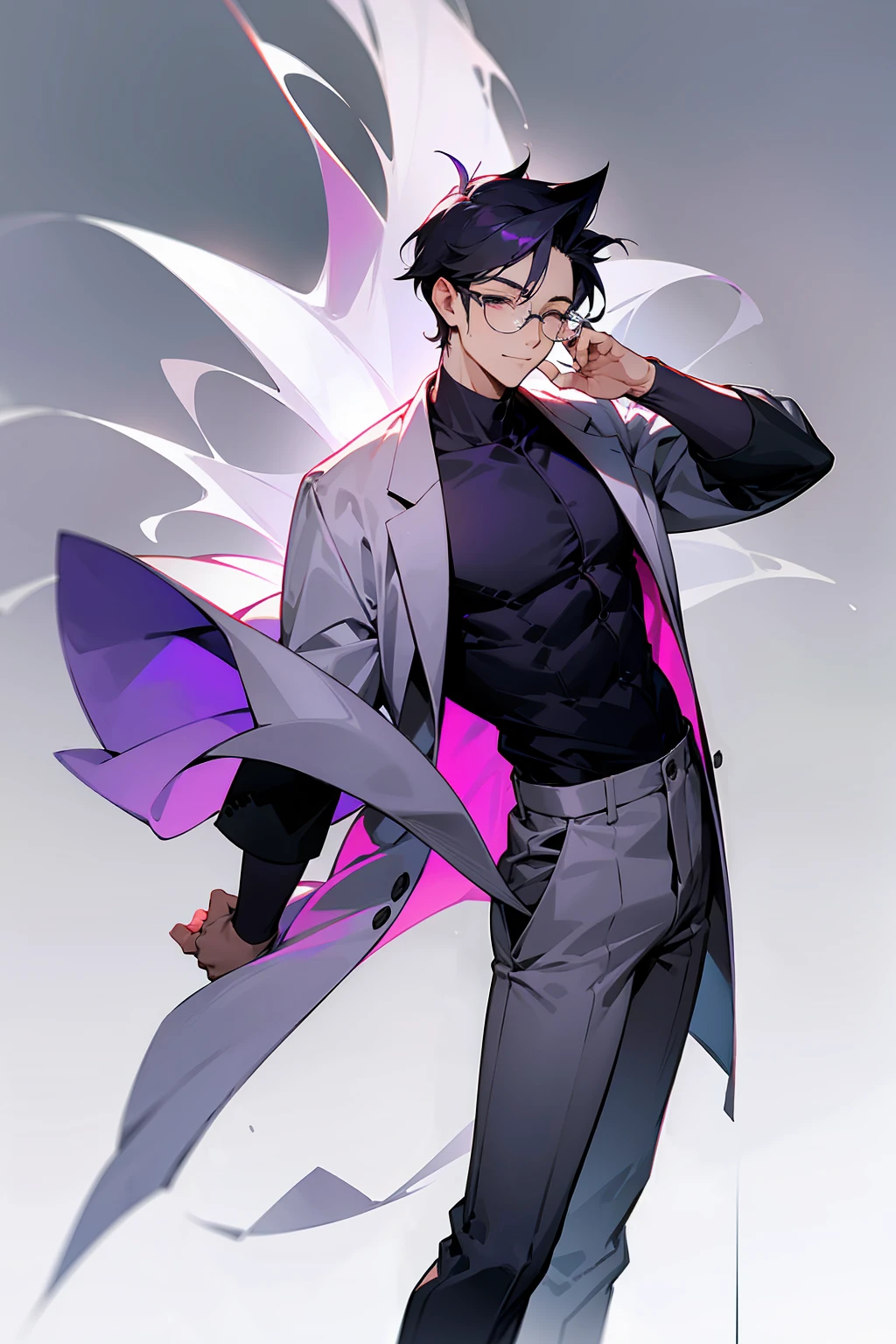 1male, Young Adult, Dark Purple, Eyes Closed, Bowl Hair, Grey Pants, Grey Lab Coat, Dojo Background, Standing in Dojo, Slight Smile, Glasses, City