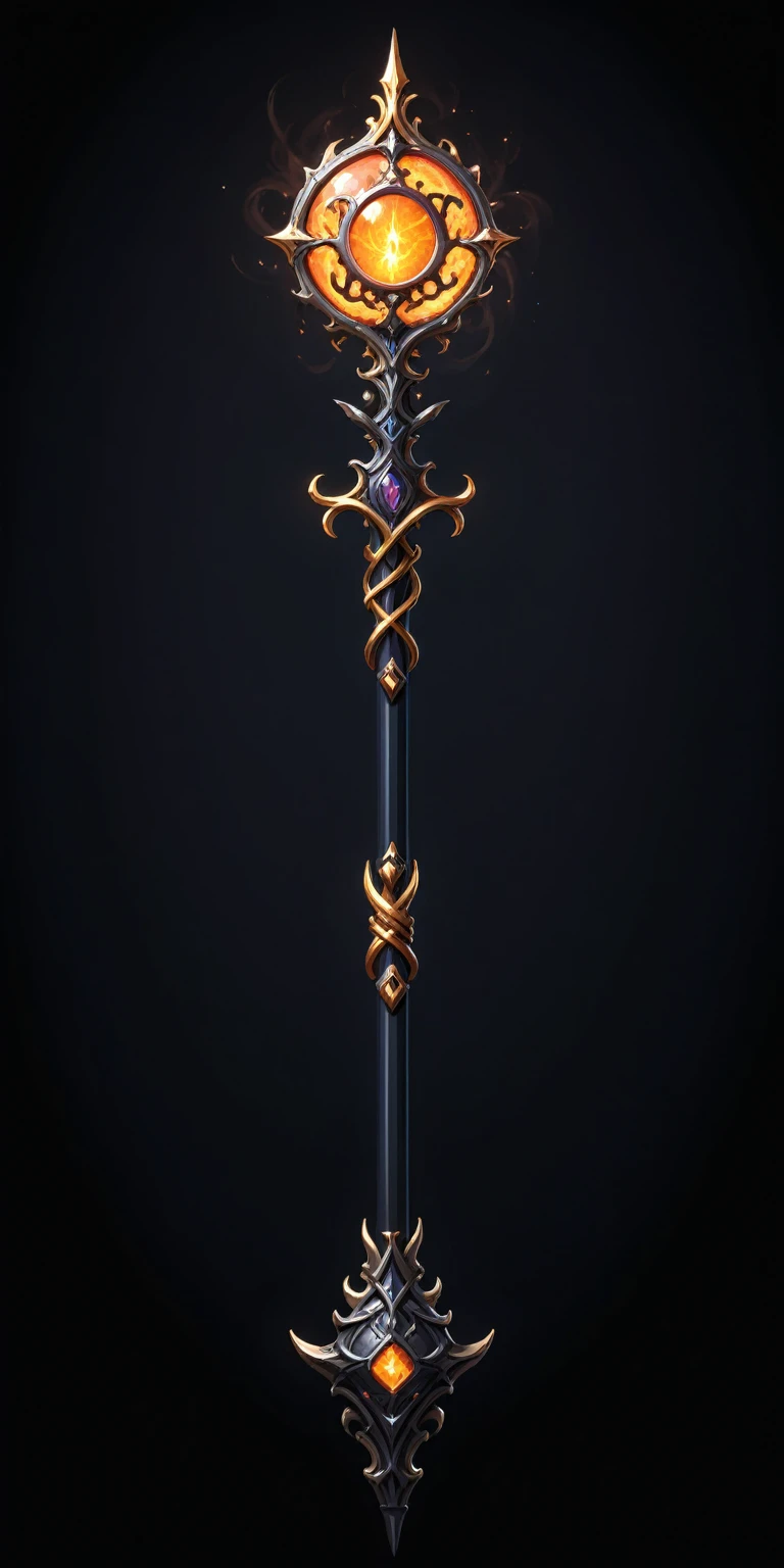pixel art, cartoon illustration, Divine glavie greatstaff, Powerfull Magical theme, simple black background, RPG game icon