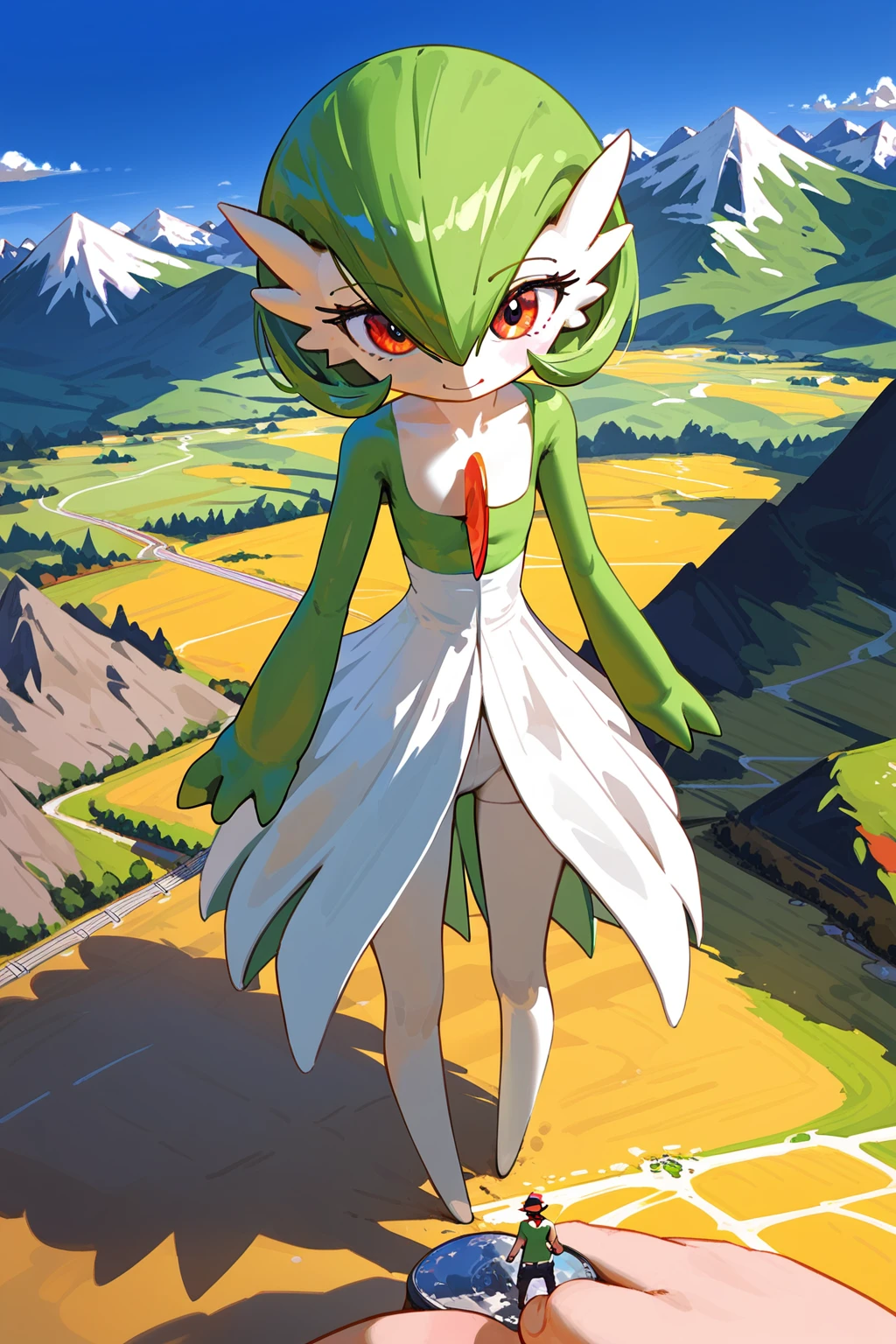 (score_9,score_8,score_7),{{green and white}}, gardevoir, pokemon, macro, high angle, {{standing on the ground}}, standing , continent, mountain, atmosphere, pov from upon